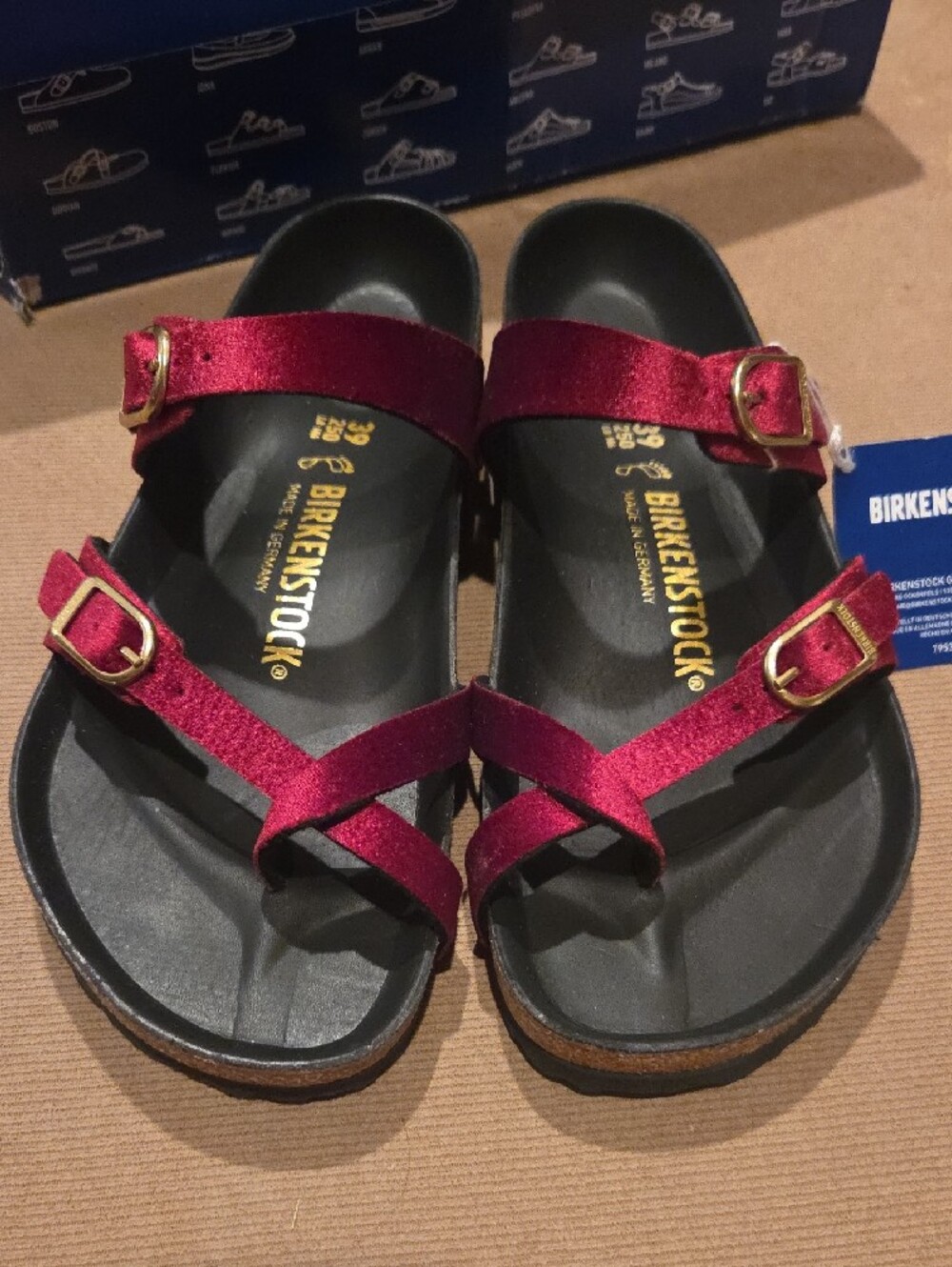 NWT Birkenstock Mayari Rivet Logo Red Velvet Crisscross Buckle Sandals - Picture 2 of 11